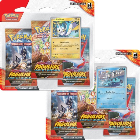 Kit com 2 Triple Pack Pokémon Escarlate e Violeta Fagulhas Impetuosas Wooper e Pachirisu Copag