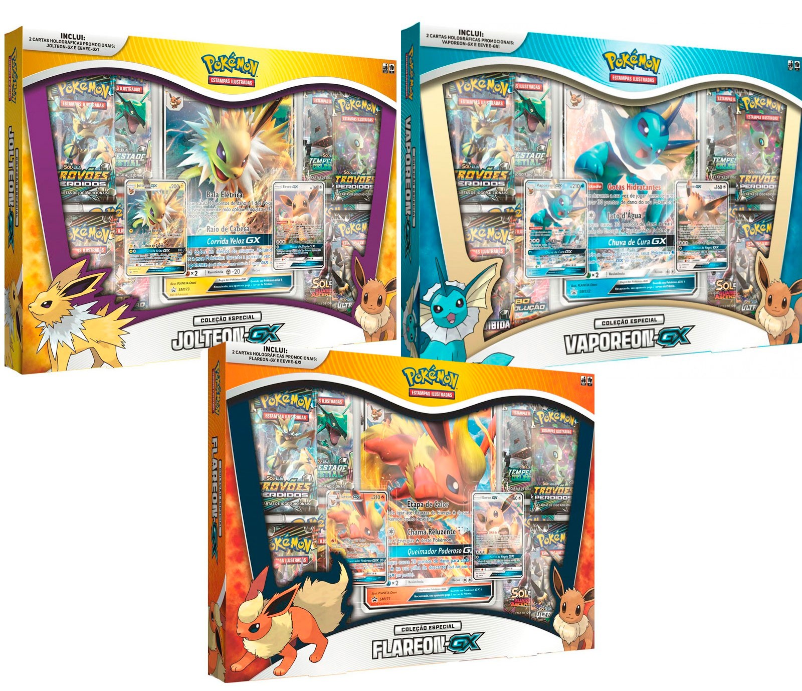 3 Box Pokémon Coleção Especial Vaporeon Gx Flareon Gx E